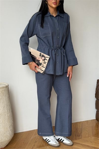 Denim Nervürlü Pantolon Lacivert