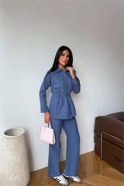 Denim Nervürlü Pantolon Mavi