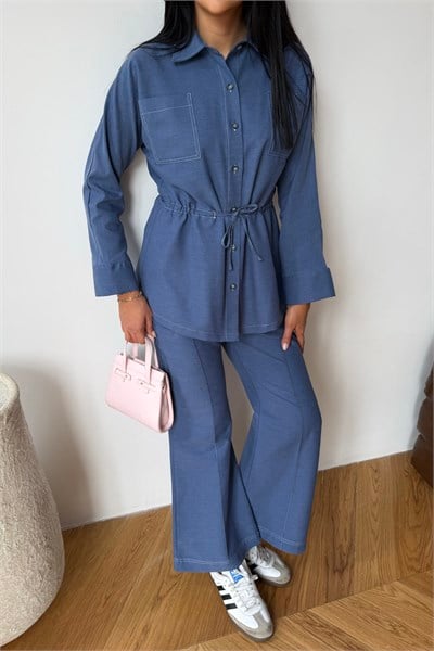 Denim Nervürlü Pantolon Mavi