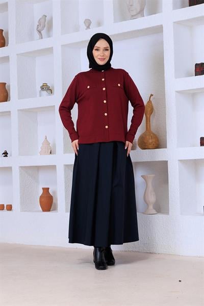Düğmeli Triko Hırka Bordo