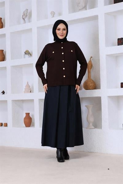 Düğmeli Triko Hırka Kahverengi