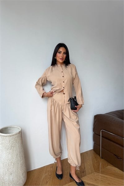 Korse Detaylı Şalvar Pantolon Krem