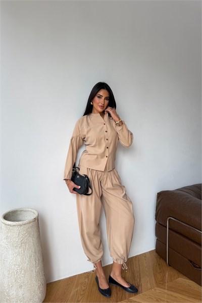 Korse Detaylı Şalvar Pantolon Krem
