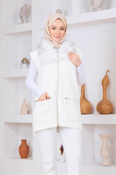 Kürklü Angora Yelek Ekru
