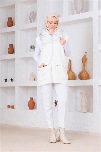 Kürklü Angora Yelek Ekru