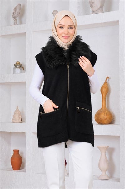 Kürklü Angora Yelek Siyah
