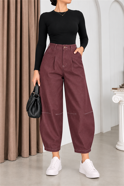 Pileli Balon Pantolon Bordo