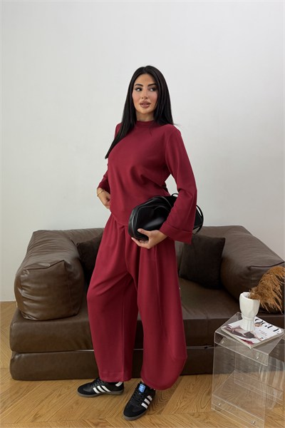 Şal Detaylı Üçlü Modal Takım Bordo
