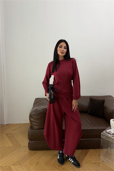 Şal Detaylı Üçlü Modal Takım Bordo