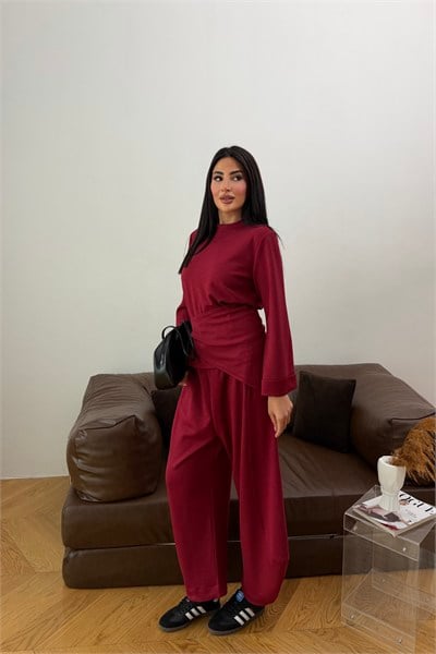 Şal Detaylı Üçlü Modal Takım Bordo