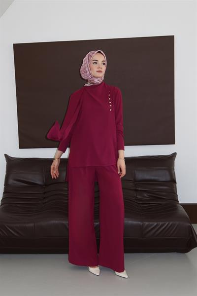 Şal Yaka Pantolon Takım Vişne