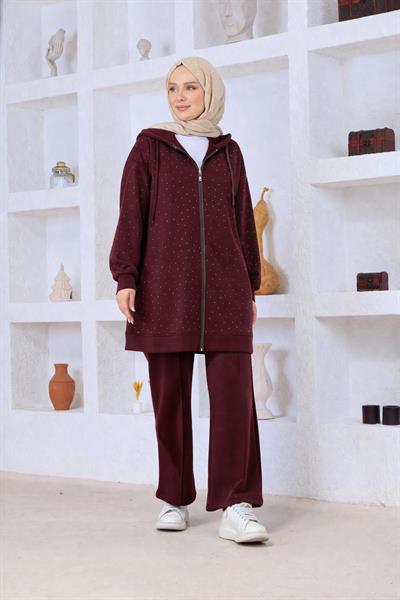 Serpme Taşlı Takım Bordo