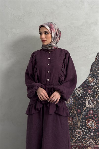 Simla Volan Detaylı Elbise Mürdüm