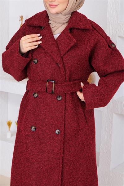 Tüylü Kaşe Kaban Bordo