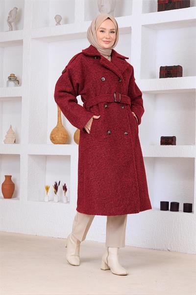 Tüylü Kaşe Kaban Bordo