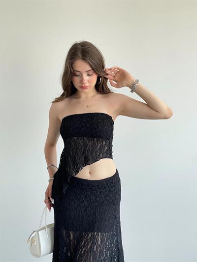 Asimetrik Dantelli Crop Takım