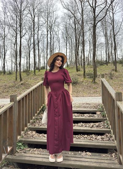 Balon Kol Atlas Kumaş Elbise