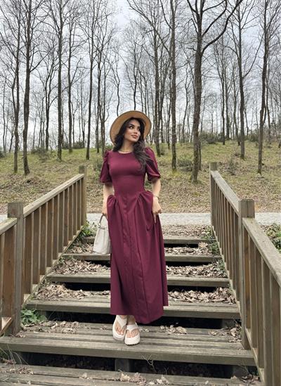 Balon Kol Atlas Kumaş Elbise