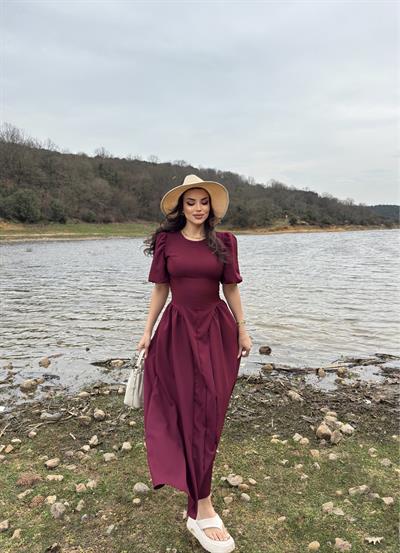 Balon Kol Atlas Kumaş Elbise