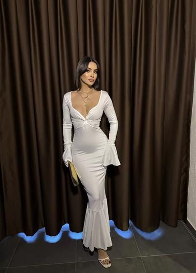 Beyaz Dalgıç Kumaş Uzun Elbise