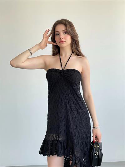 Boyun Askılı Asimetrik Dantel Elbise