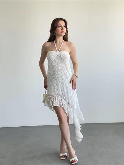 Boyun Askılı Asimetrik Dantel Elbise