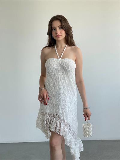 Boyun Askılı Asimetrik Dantel Elbise