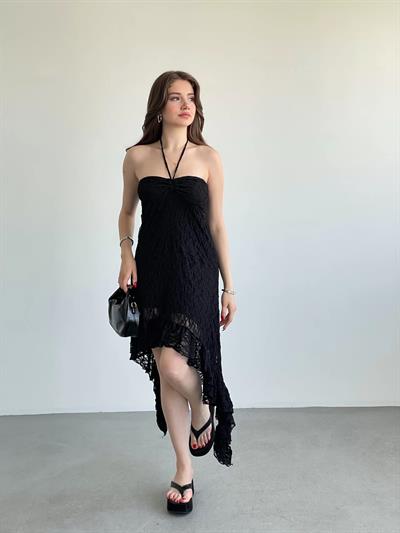 Boyun Askılı Asimetrik Dantel Elbise