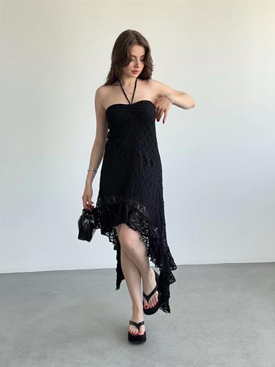 Boyun Askılı Asimetrik Dantel Elbise