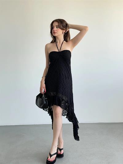 Boyun Askılı Asimetrik Dantel Elbise