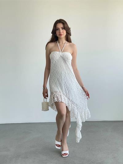 Boyun Askılı Asimetrik Dantel Elbise