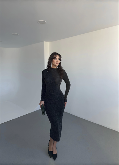 Drape Büzgülü Uzun Elbise