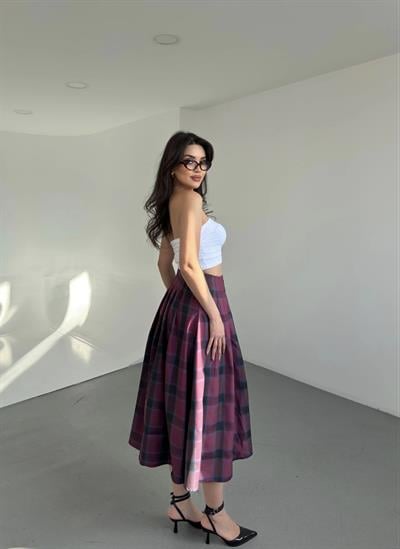 Ekose Pileli Yırtmaç Etek