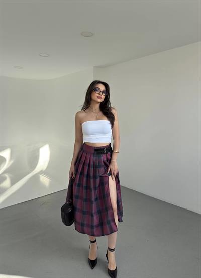 Ekose Pileli Yırtmaç Etek