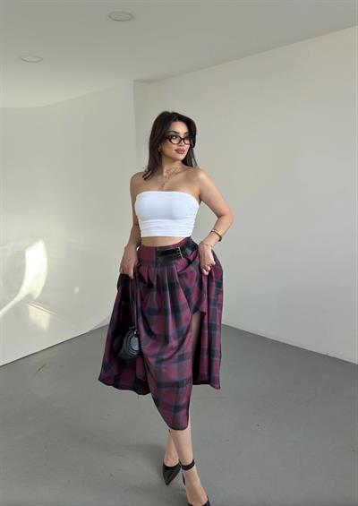 Ekose Pileli Yırtmaç Etek