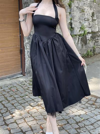 Eteği Tül Terikoton Uzun Elbise