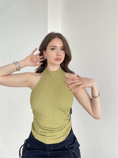 Gofre Halter Sırt Dekolteli Bluz