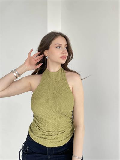 Gofre Halter Sırt Dekolteli Bluz