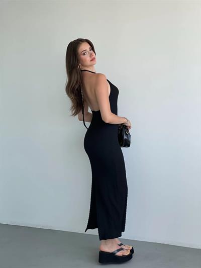 Gofre Halter Yaka Uzun Elbise