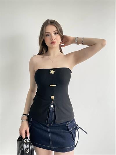 Gold Düğmeli Straplez Bluz