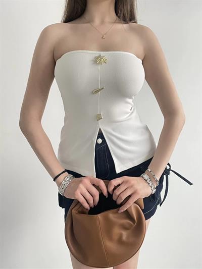 Gold Düğmeli Straplez Bluz