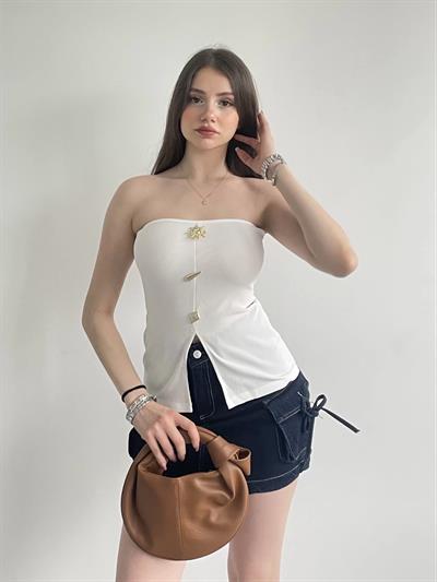 Gold Düğmeli Straplez Bluz