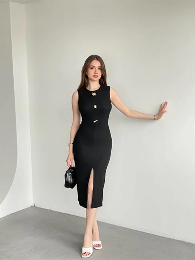 Güneş Düğmeli Sıfır Kol Elbise