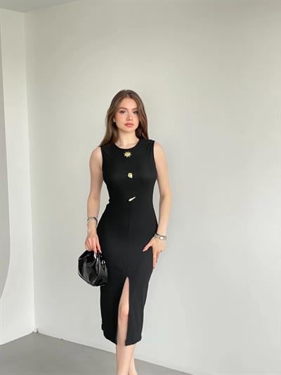 Güneş Düğmeli Sıfır Kol Elbise