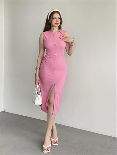 Güneş Düğmeli Sıfır Kol Elbise