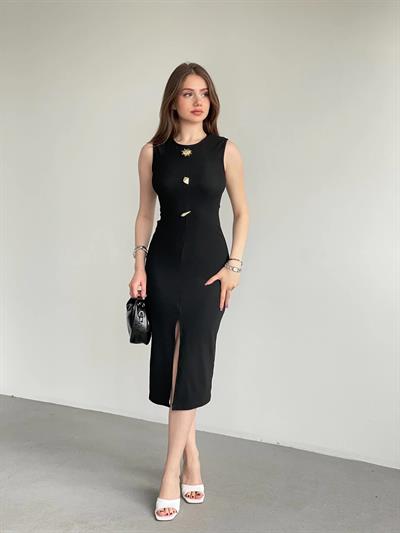 Güneş Düğmeli Sıfır Kol Elbise