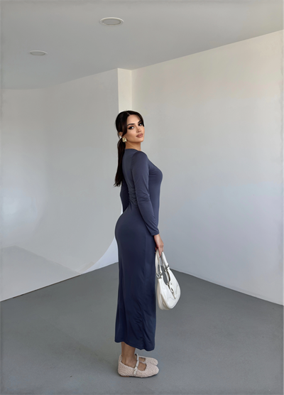 Kare Yaka Sandy Uzun Elbise