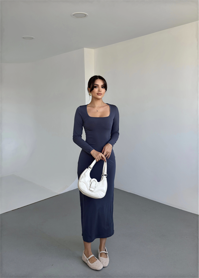 Kare Yaka Sandy Uzun Elbise