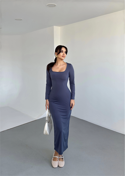 Kare Yaka Sandy Uzun Elbise