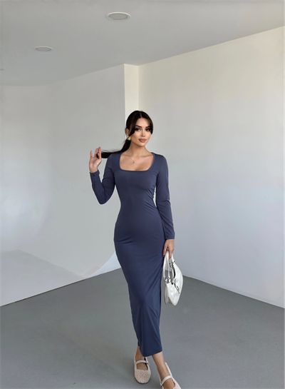 Kare Yaka Sandy Uzun Elbise